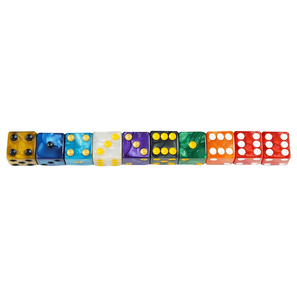 A set of ten marble acrylic dice in various colors and patterns arranged in a row.