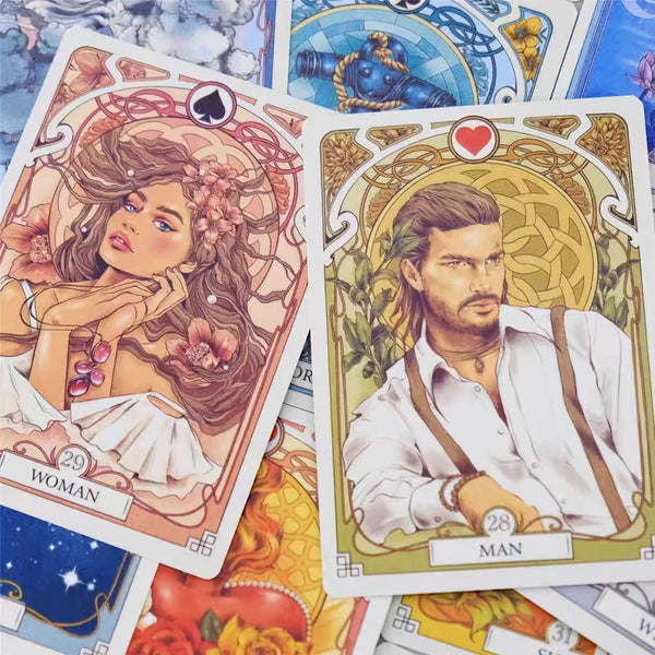 Nahaufnahme eines Lenormand-Orakels, das Karten mit einer Frau und einem Mann zeigt.