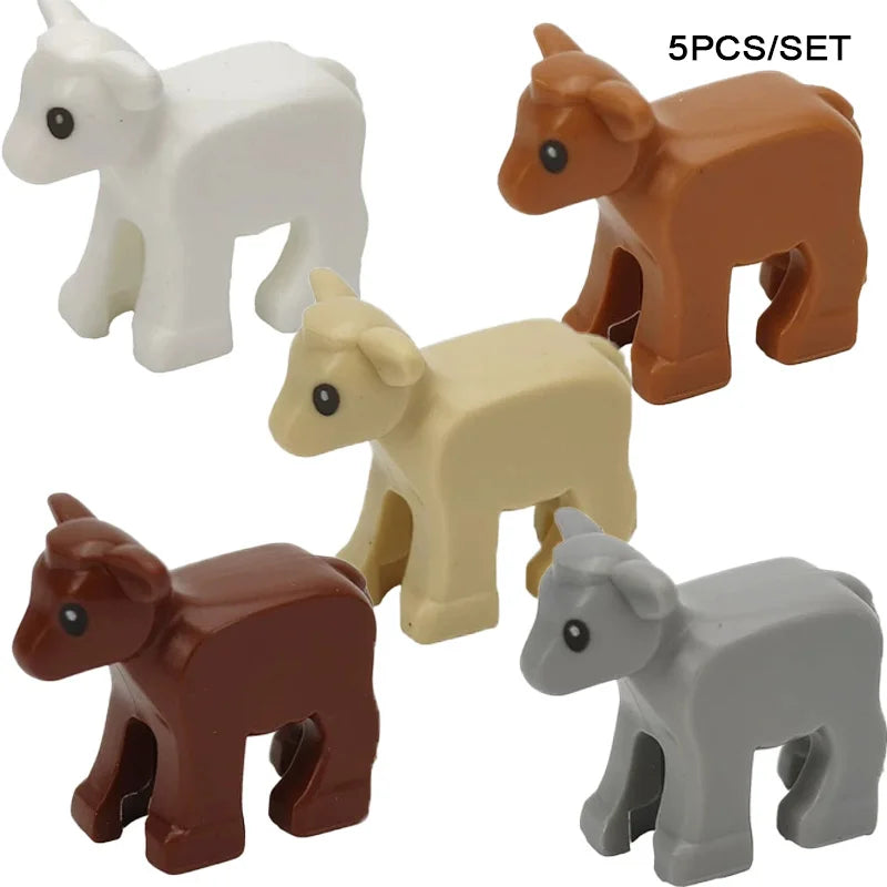 A set of five plastic animal building blocks in various colors including white, brown, beige, gray, and light tan.