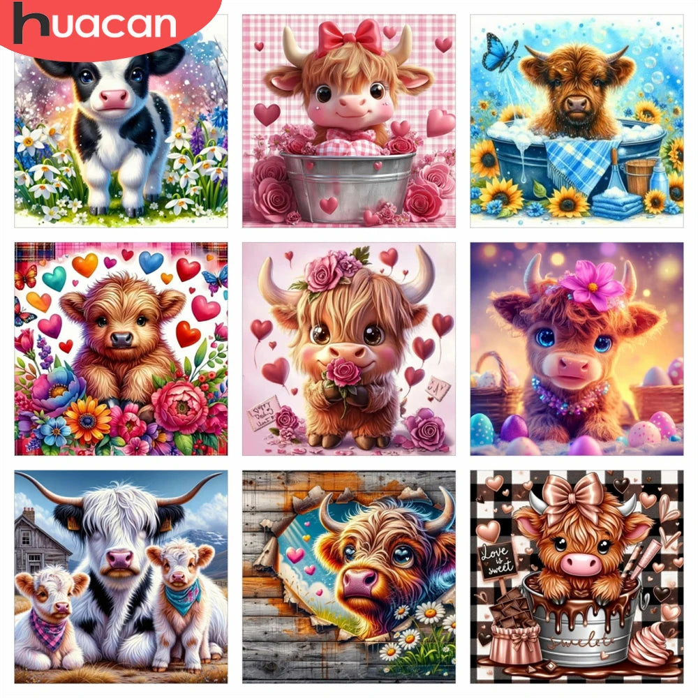 A collection of detailed cow art diamond painting kits featuring various breeds and styles.