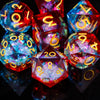 A collection of colorful polyhedral dice, including d6s and d10s, are displayed on a dark surface.