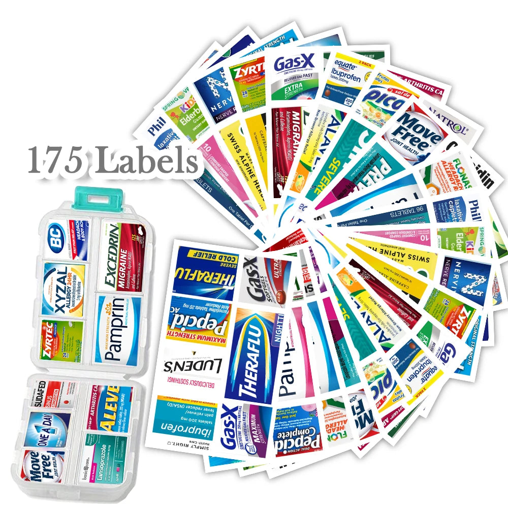 Portable 10-Compartment Pill Organizer with 175 Labels