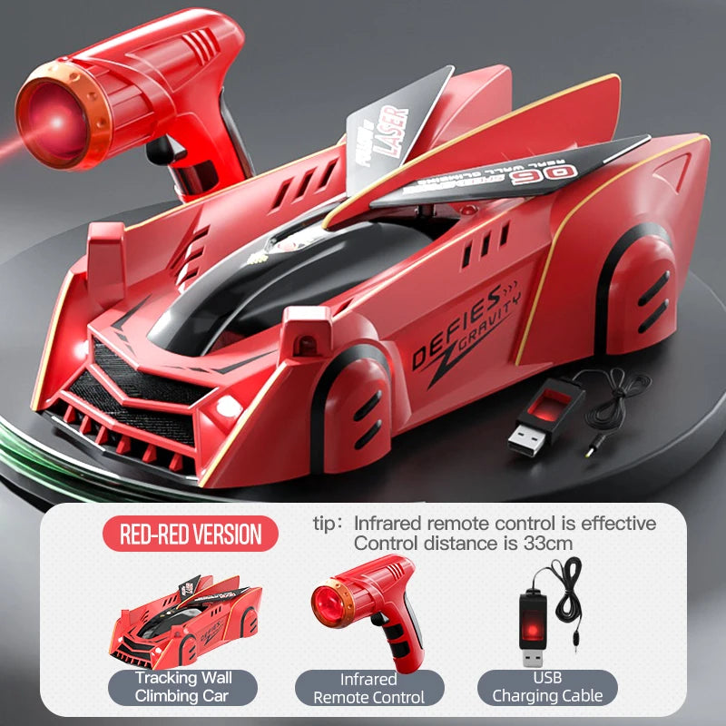 A red remote control wall climbing RC car with an infrared remote and charging cable.