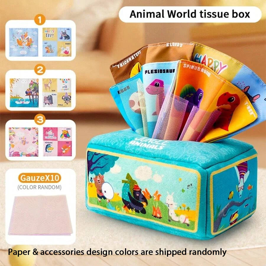 A blue tissue box filled with various animal-themed tissues and a gauze pad for babies