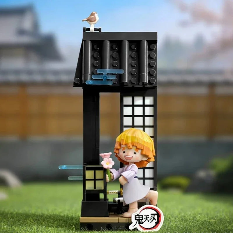 Demon Slayer Unwavering Resolve Arc collectible blind box figures featuring a character and a bird on a black display stand.