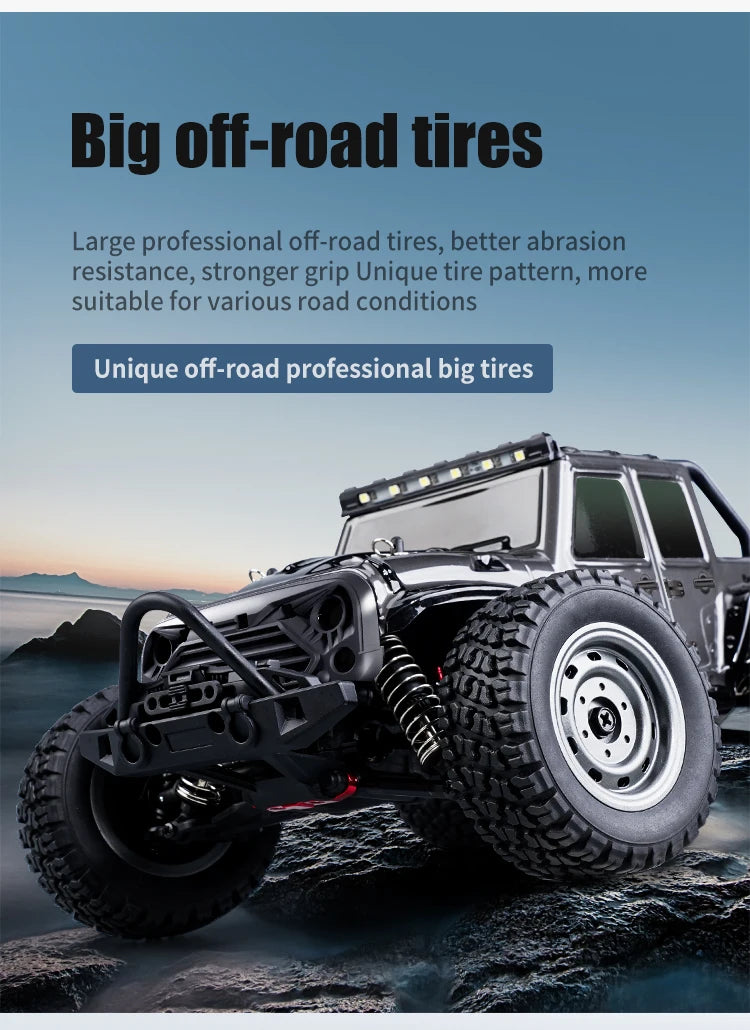 A black high-speed 4WD RC monster truck with large off-road tires and LED lights on a rocky terrain.
