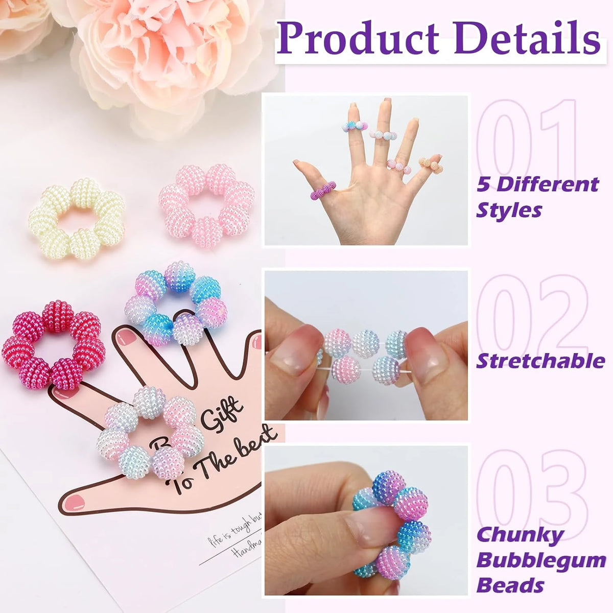A hand displays five different styles of colorful beaded rings, showing their stretchable and chunky bead features.