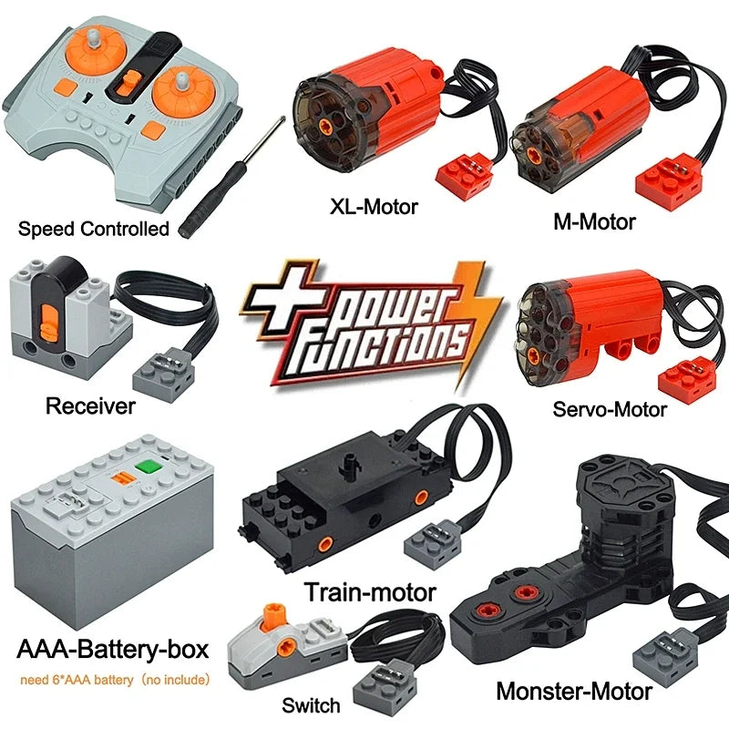 A collection of Power Functions motors and servos including an XL-Motor, M-Motor, Servo-Motor, Train-motor, and Monster-Motor