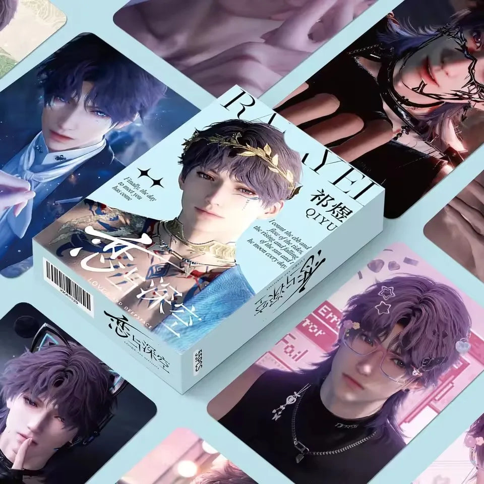 A collection of photo cards featuring male idols in various poses and outfits.