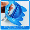 A hand holds a blue dinosaur claw digging toy designed for sand and snow digging.