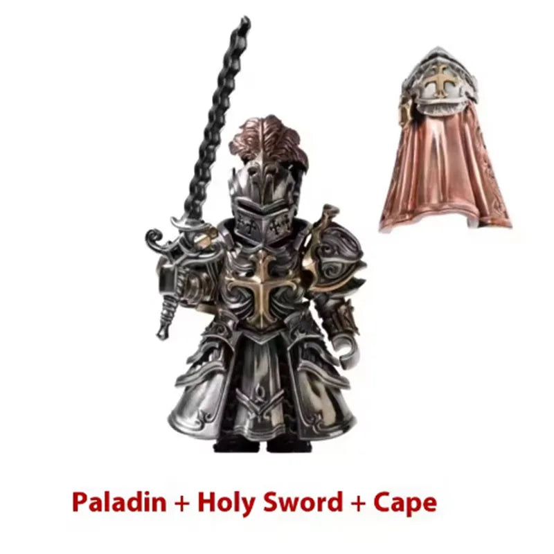 A silver metal figurine of a Paladin with a holy sword and cape.