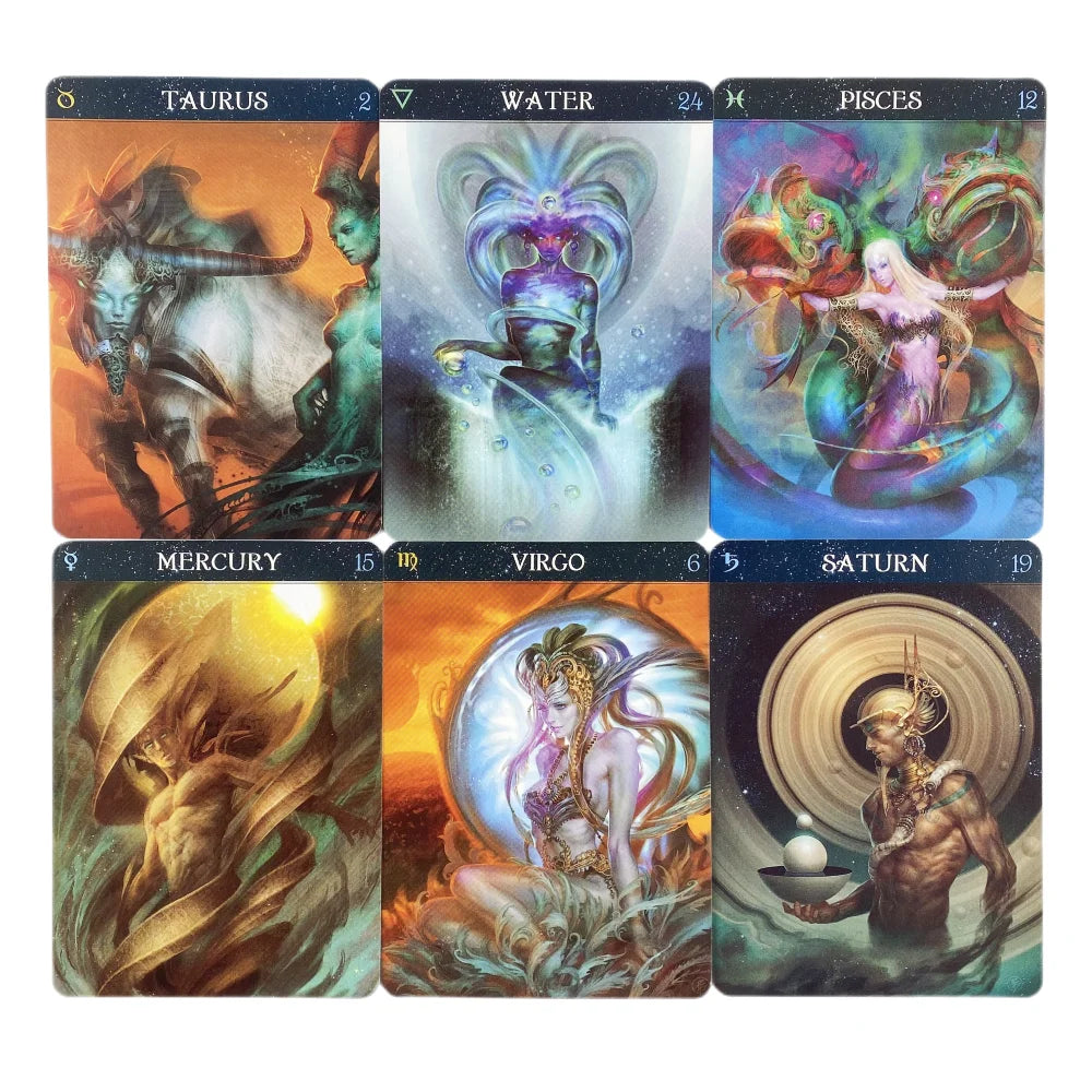 A set of twelve Zodiac Oracle cards featuring celestial imagery for each zodiac sign, including Taurus, Water, Pisces, Mercur