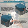 A hand is shown installing and removing a battery adapter from a device, demonstrating easy installation and removal.