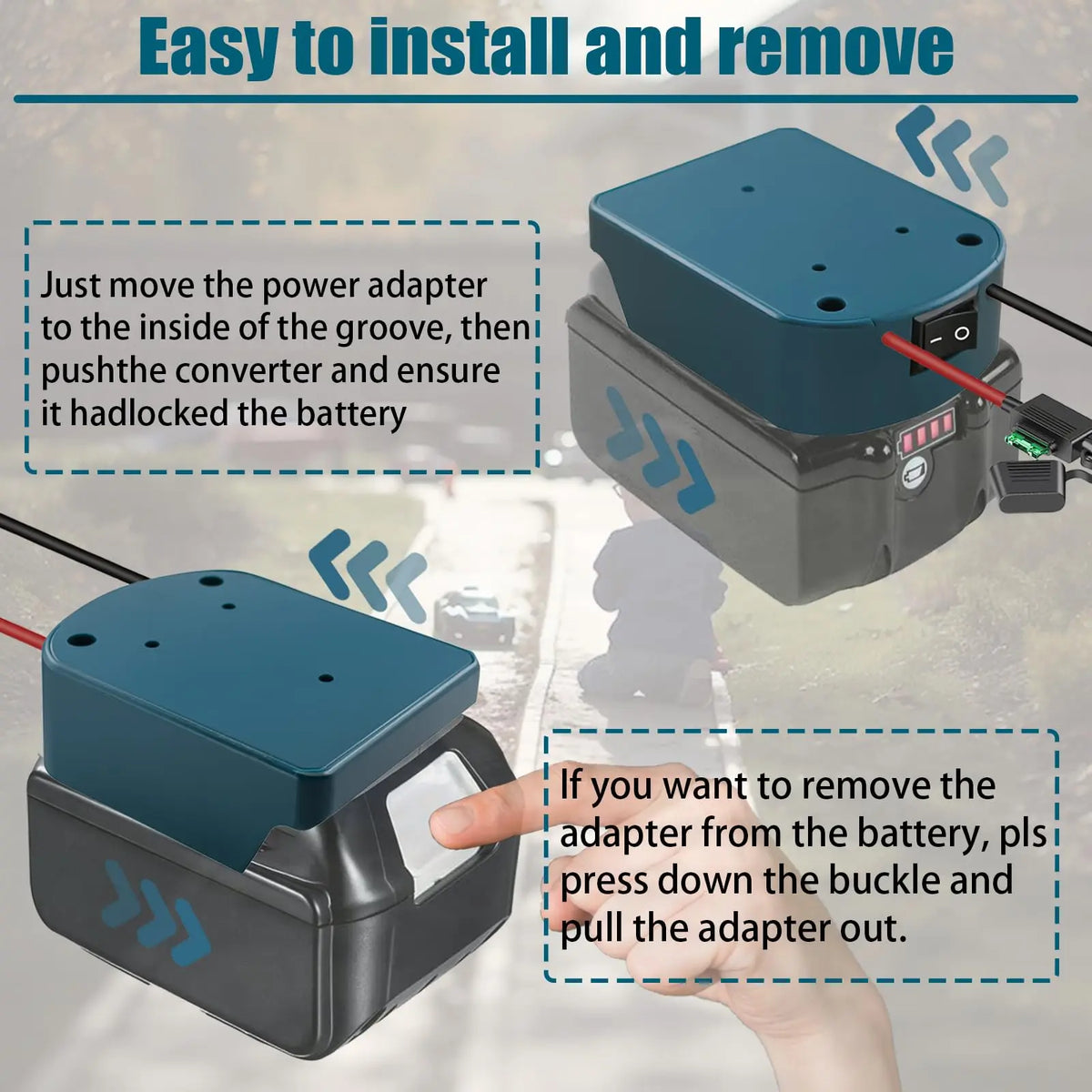 A hand is shown installing and removing a battery adapter from a device, demonstrating easy installation and removal.