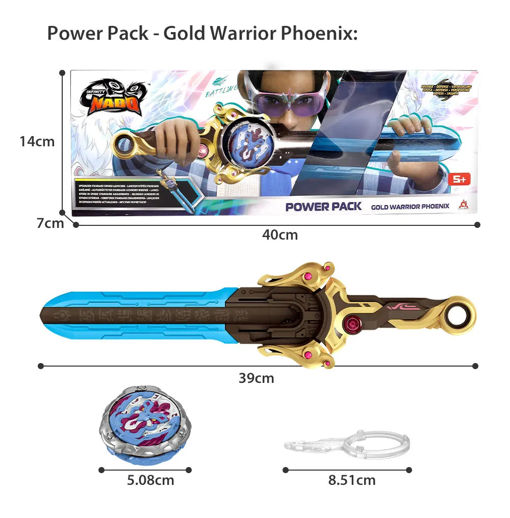 Power Pack Gold Warrior Phoenix toy featuring a sword launcher and accessories.