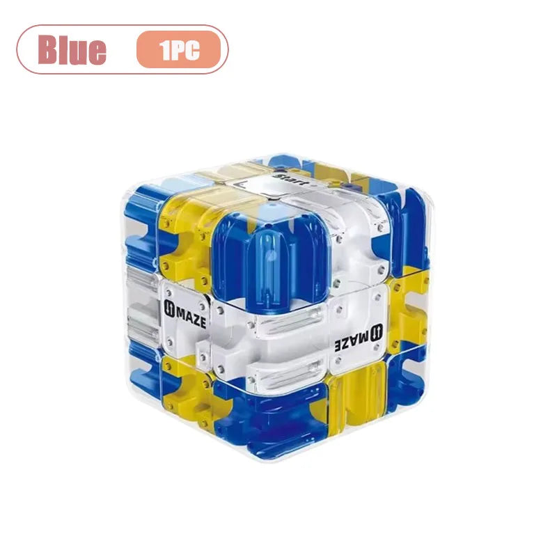 A blue and yellow 3D maze puzzle ball for a brain teaser challenge.