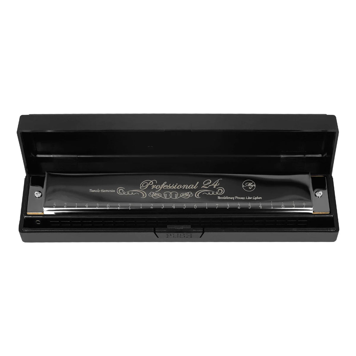 Black hard case for a Professional 24-hole C tone tremolo harmonica