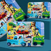 A collection of colorful wooden animal and vehicle jigsaw puzzles featuring various vehicles and people.