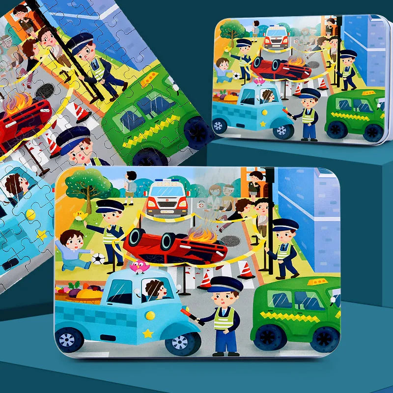 A collection of colorful wooden animal and vehicle jigsaw puzzles featuring various vehicles and people.