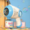 A light blue automatic bubble machine with a white nozzle and bottle sits on an orange stand.