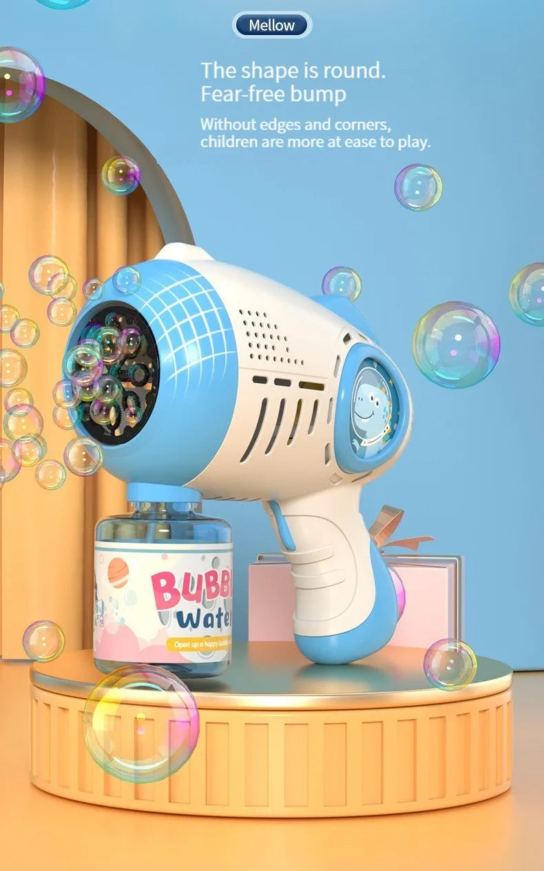 A light blue automatic bubble machine with a white nozzle and bottle sits on an orange stand.