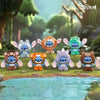 A collection of Stitch animal series plush blind box collectibles featuring various alien characters in a lush outdoor settin