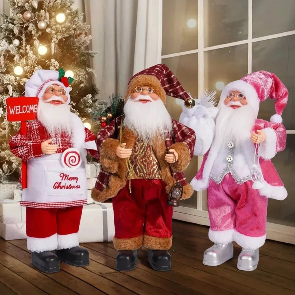 Three festive Santa Claus figurines in red and white holiday attire standing on a wooden floor.