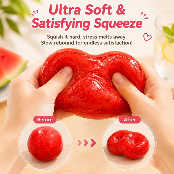 Hands squeezing a bright red watermelon slushy squishy stress relief toy showing before and after results.