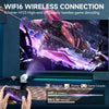 A hand holds a smartphone displaying a Wi-Fi connection interface, with a background showing a gaming scene and a projector.