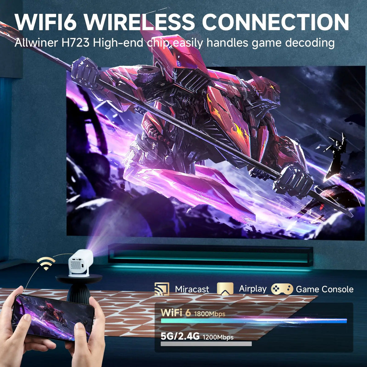 A hand holds a smartphone displaying a Wi-Fi connection interface, with a background showing a gaming scene and a projector.