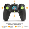 A black remote control toy featuring an operating rod with four labeled parts: indicator light, power switch, left lever, and