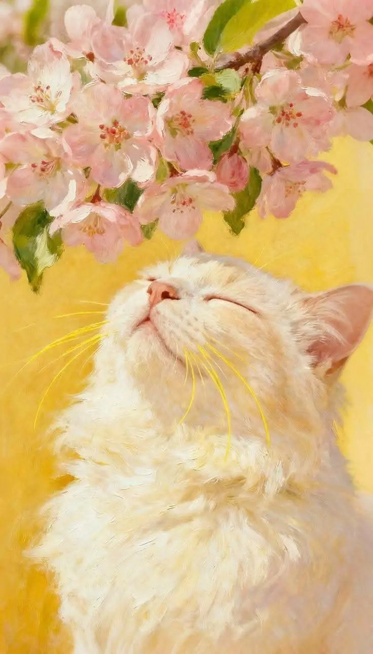 A fluffy white cat is resting with its eyes closed beneath a cluster of pink blossoms against a yellow background.