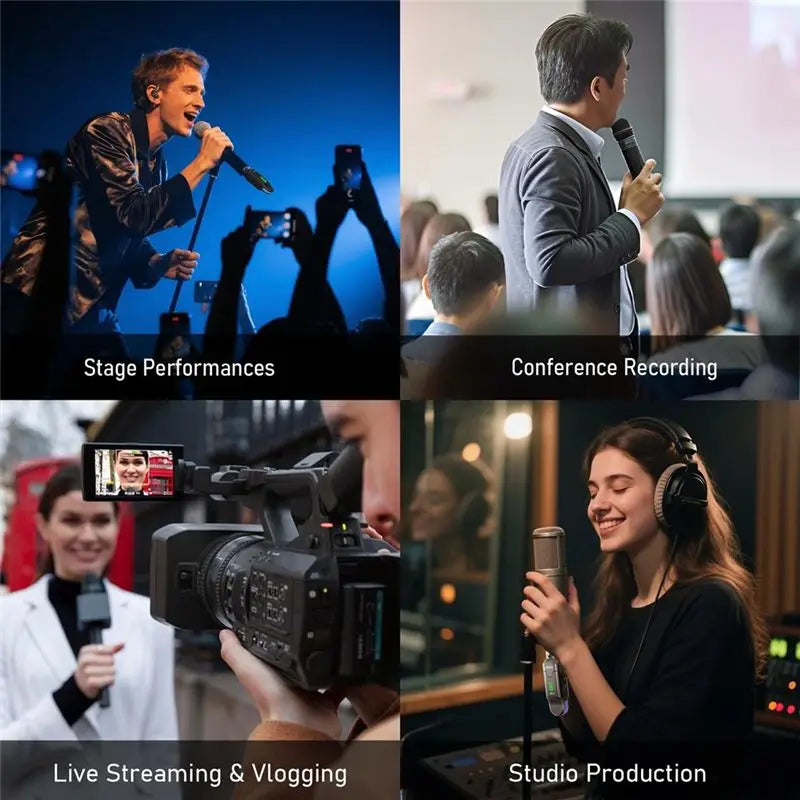 A collage showing various uses of a professional 4-channel wireless microphone system including stage performances, conferenc