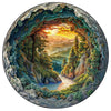 A circular painting depicting a forest landscape with a setting sun shining through the trees.