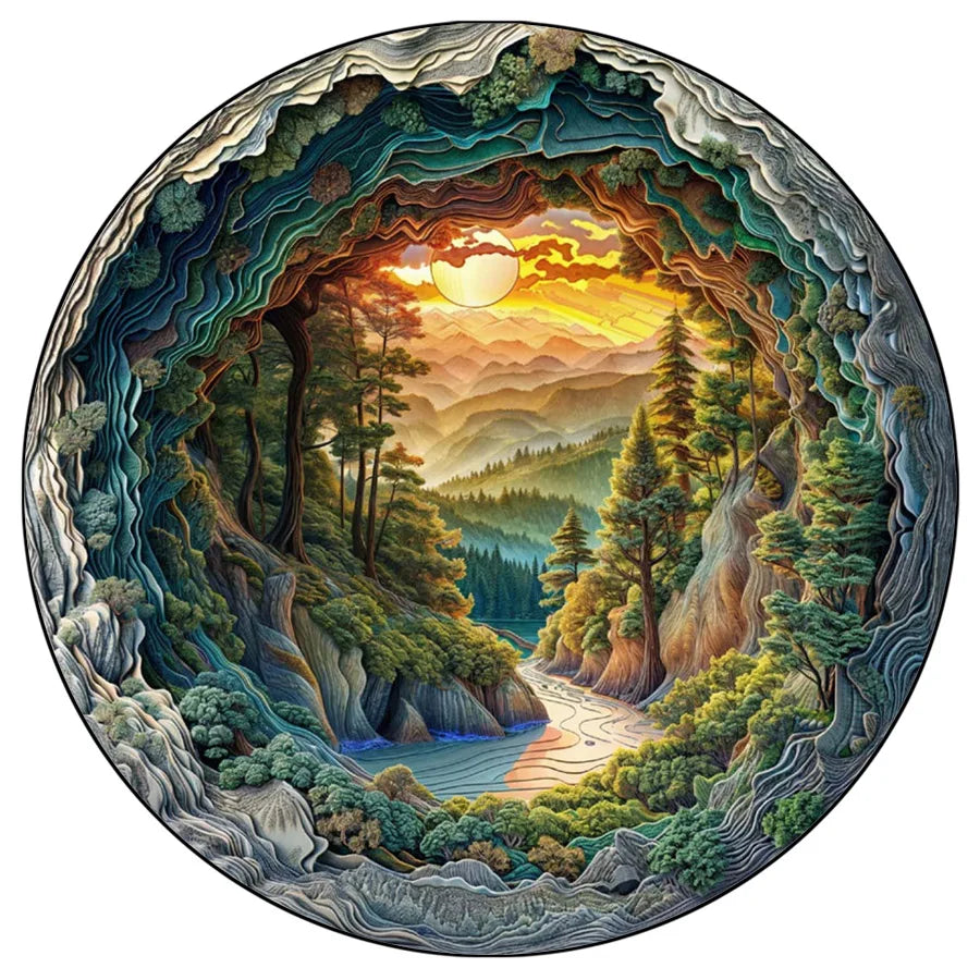 A circular painting depicting a forest landscape with a setting sun shining through the trees.