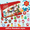 A red box containing a 24-piece random style Christmas countdown gift set featuring various small figures and ornaments.