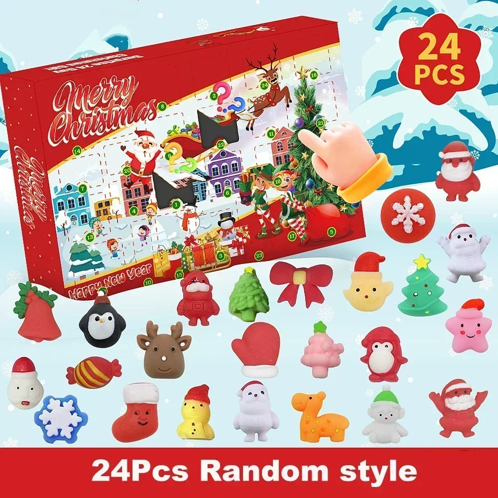 A red box containing a 24-piece random style Christmas countdown gift set featuring various small figures and ornaments.