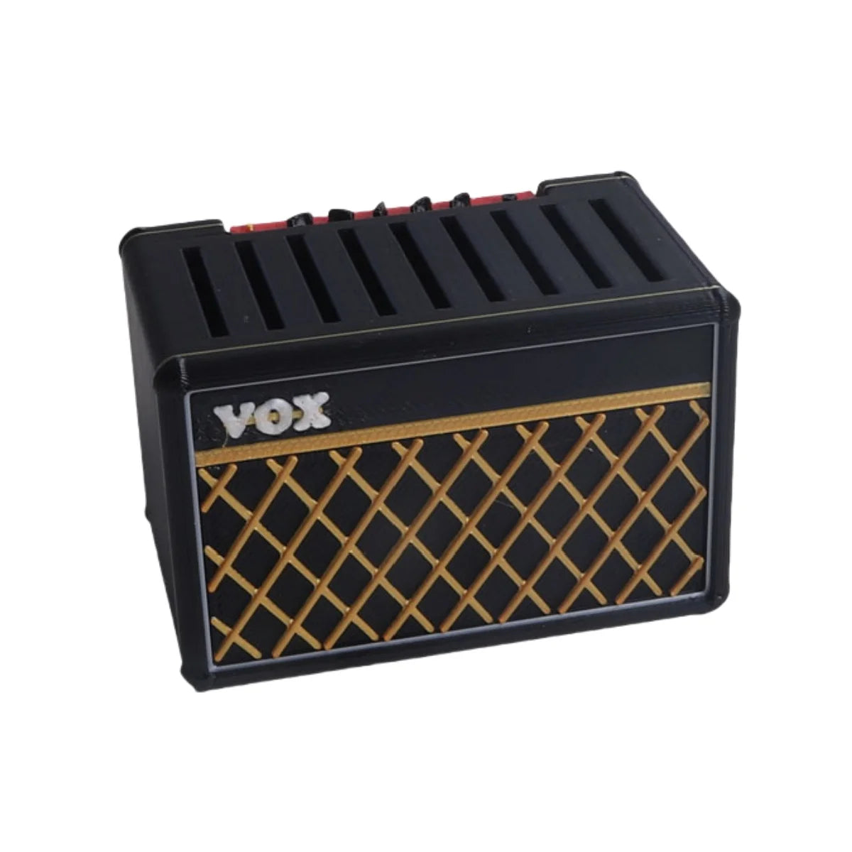 Black guitar pick holder with a speaker-shaped design featuring a gold mesh pattern.