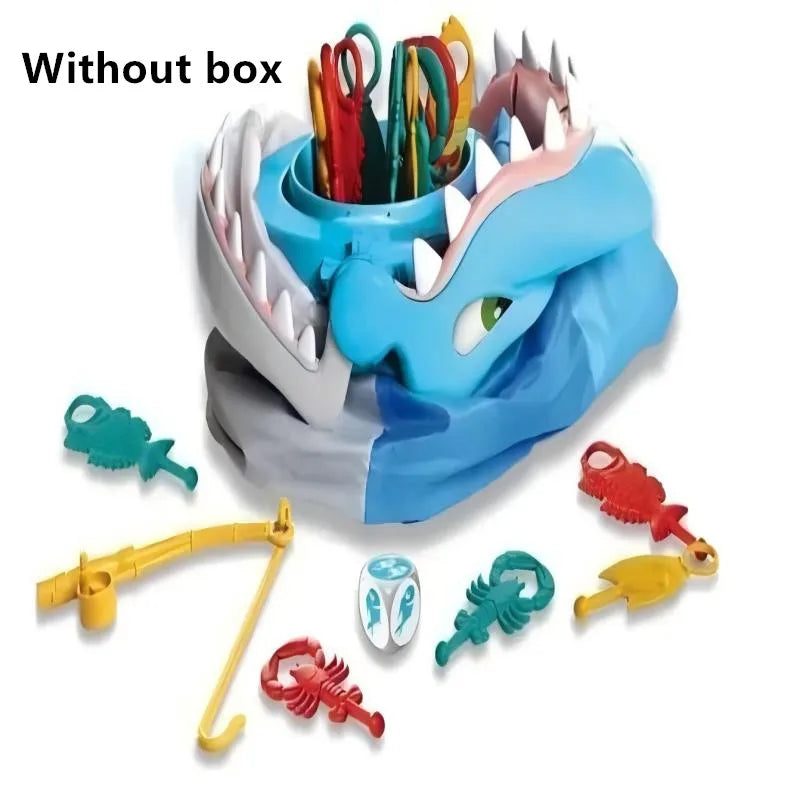 A blue plastic shark toy with various colored teeth and accessories is shown without its box.