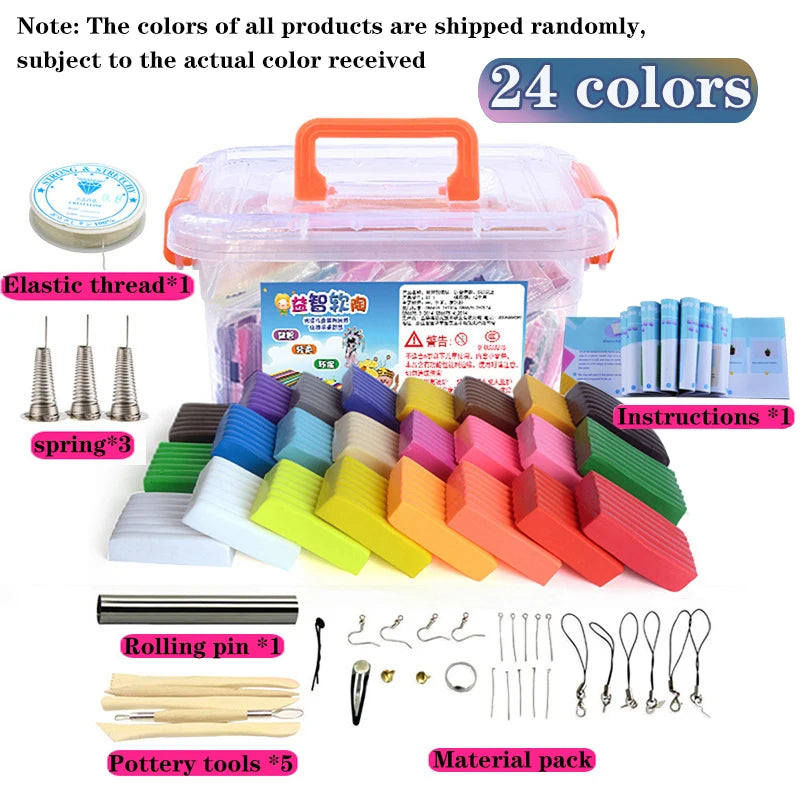 A set of polymer clay tools including carving tools, rolling pins, and pottery tools displayed next to a clear plastic contai