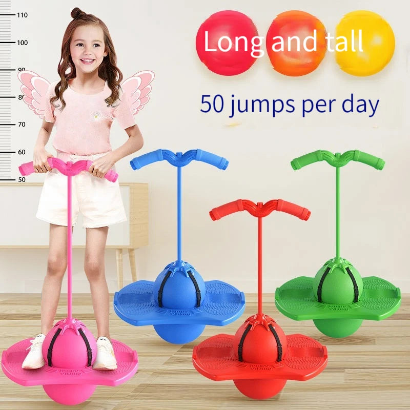 A girl is demonstrating a frog jump exercise using various colored bouncing balls and equipment for height training.