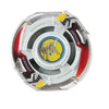 A metal spinning top with a precision balance featuring white and red accents and a yellow tip.