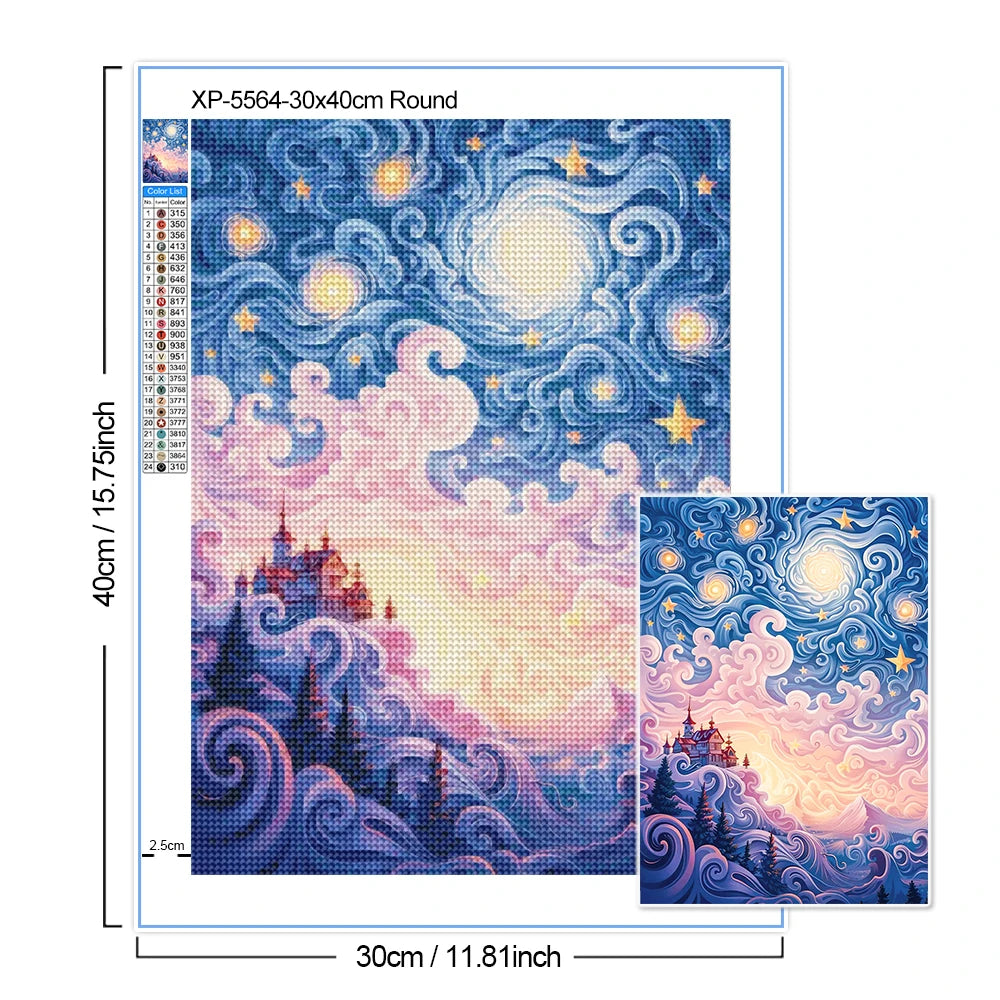 A square diamond painting kit featuring a night starry sky scenery with purple and blue tones.