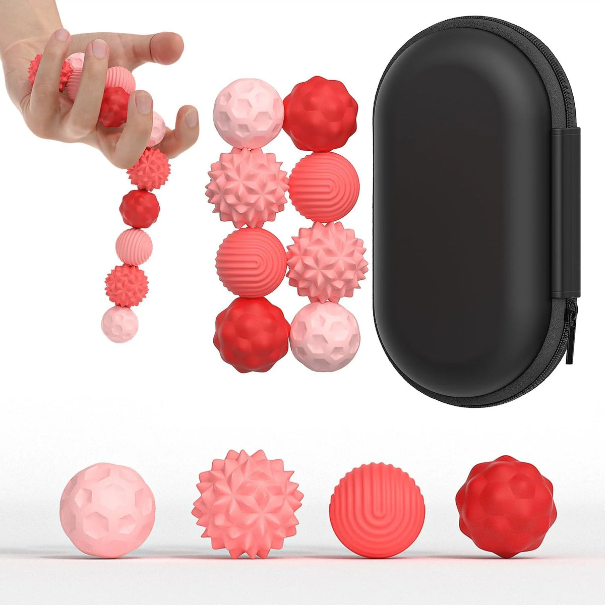 A hand holds a string of pink and red magnetic sensory fidget balls next to a black zippered pouch and several loose balls.
