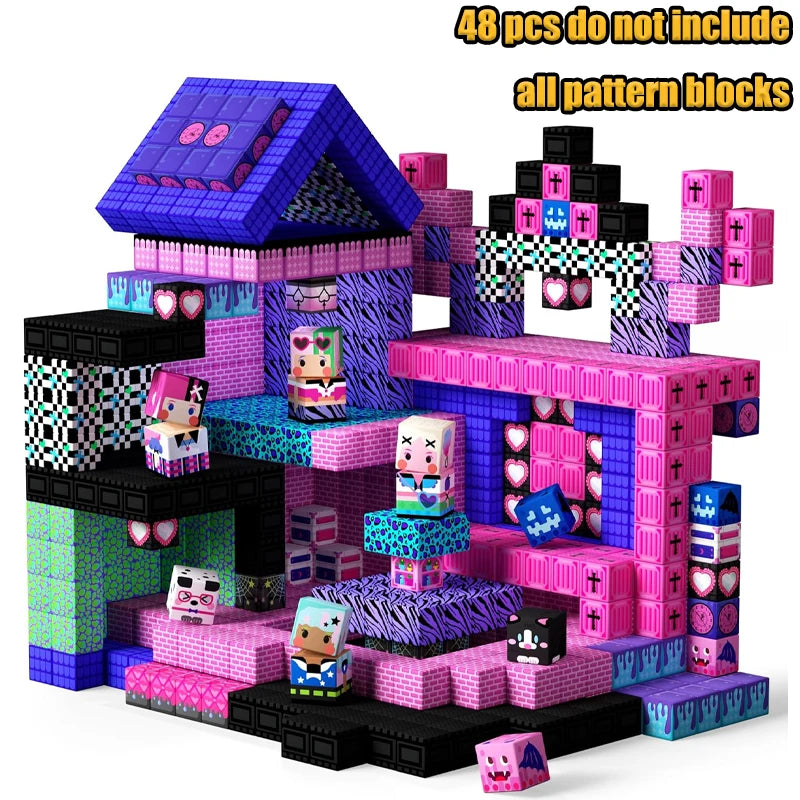 A colorful magnetic building block set depicting a castle structure with various pink, purple, and black blocks.