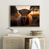 Canvas wall art featuring a Highland cow head with horns against a sunset background.