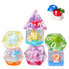 A set of polyhedral dice shaped like mushrooms in various colors including purple, green, and blue.