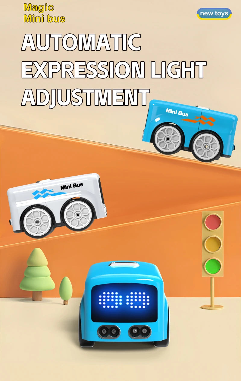 A blue mini bus toy with a light bar, demonstrating automatic expression light adjustment.
