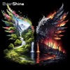 A dramatic fantasy landscape featuring a waterfall and trees with fiery, winged elements.