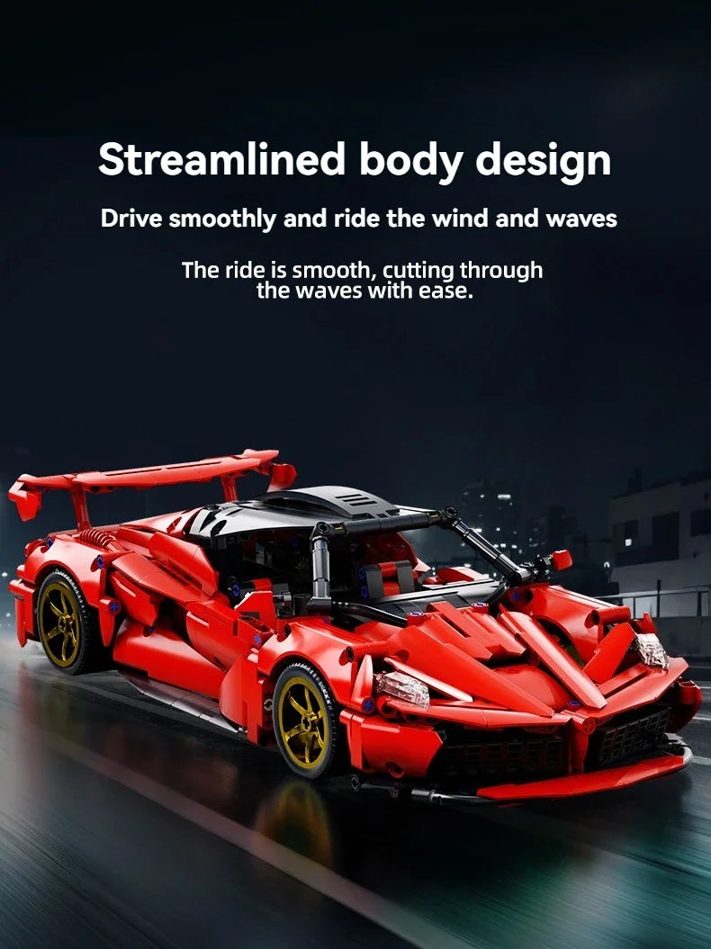A red streamlined hypercar model is shown in motion, emphasizing smooth design and performance.